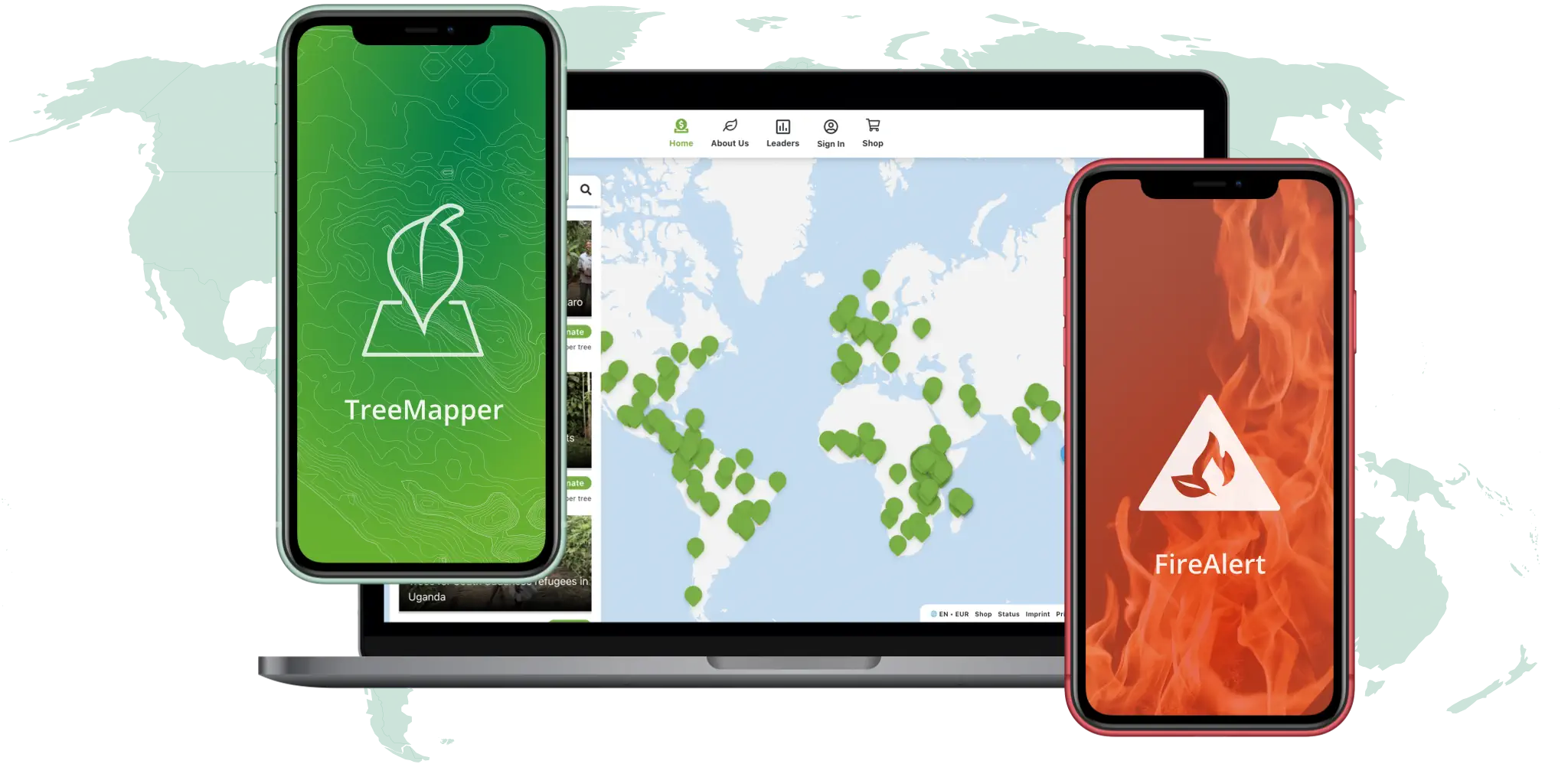 TreeMapper, fire alarm and the the platform opened on multiple devices in front of a world map